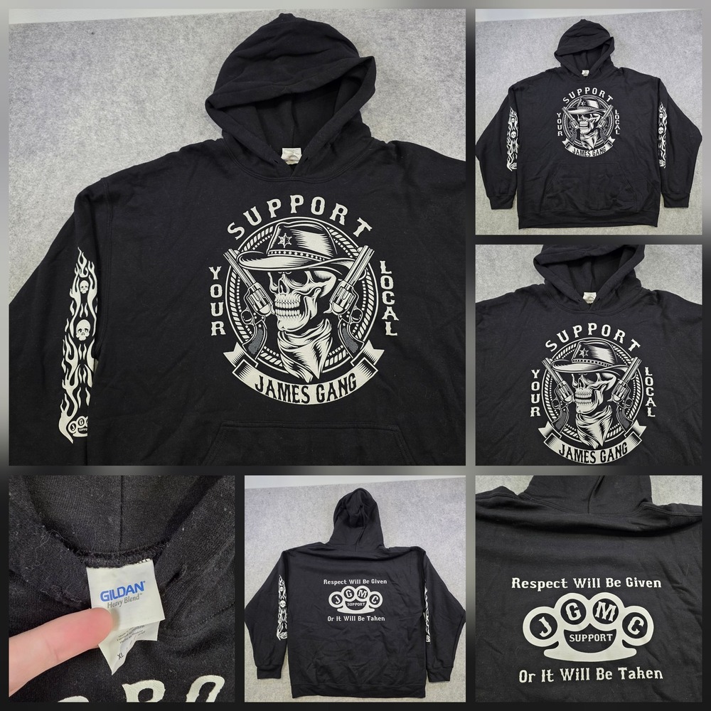 James Gang Support Hoodie Mens XL Black Skull Biker Sweatshirt Pullover